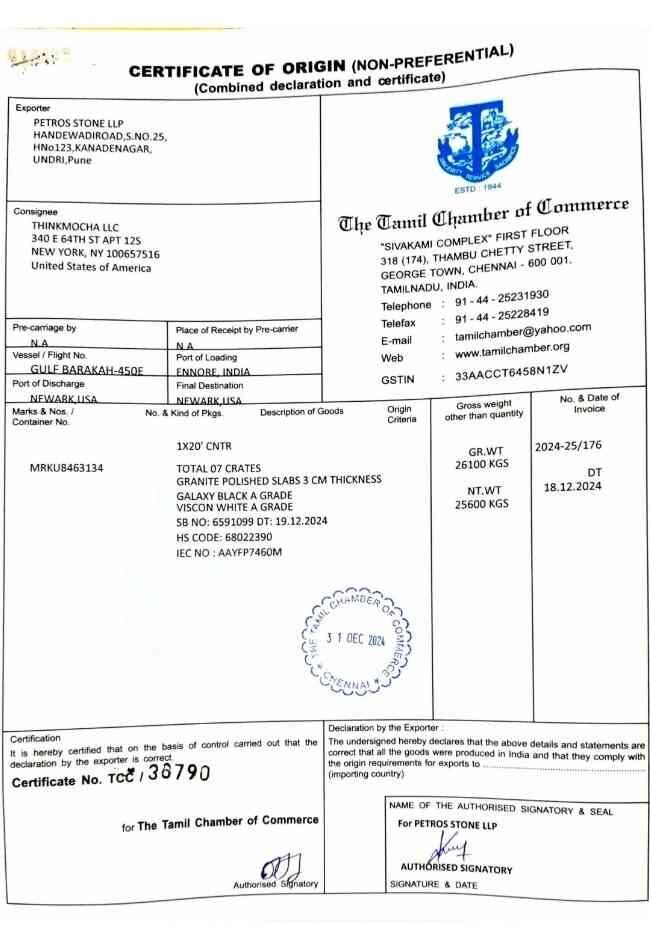 Certificate of Origin (Granite)